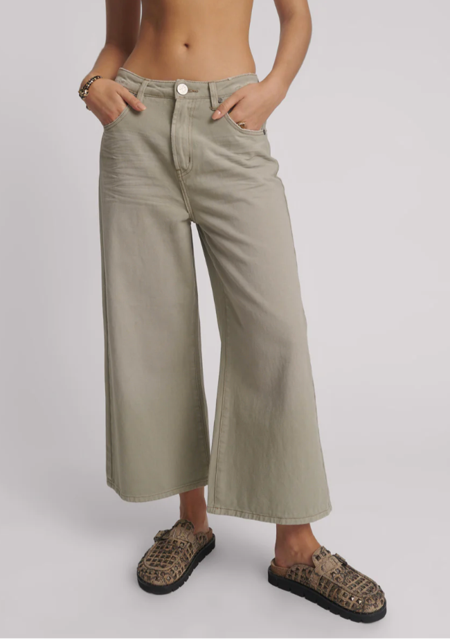 Cropped High Waisted Jeans - Faded Khaki