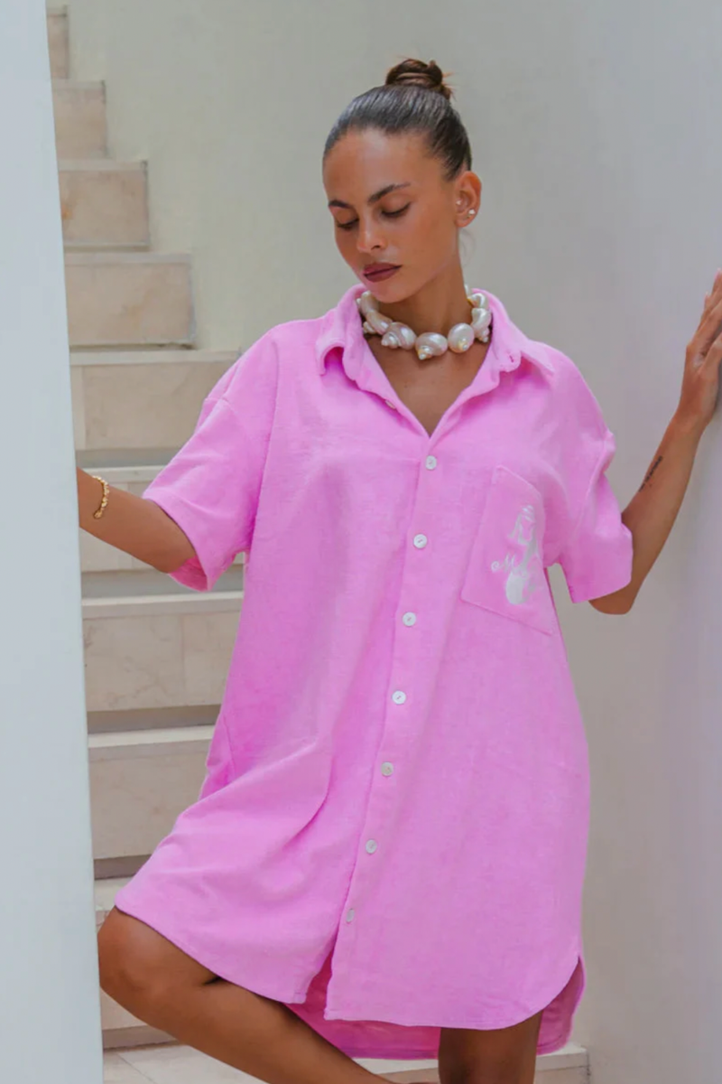 Terry Shirt Dress - Pink