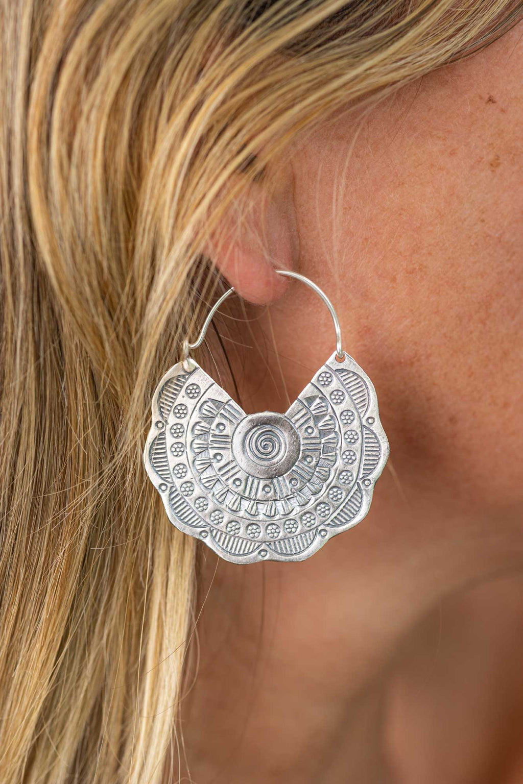 Mandala Hoop Earrings - Silver